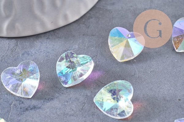 Pendentif cœur facetté en cristal transparent irisé 14mm, x10 (G10413)