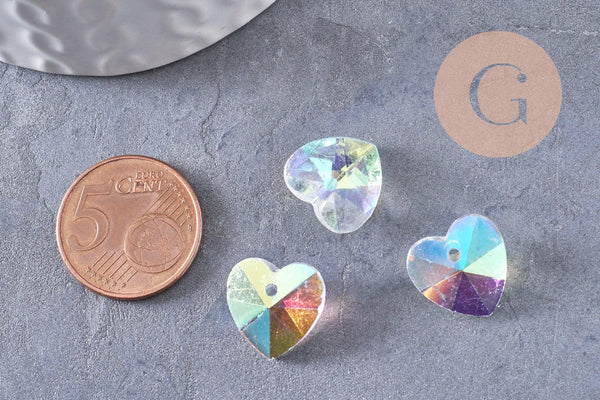Pendentif cœur facetté en cristal transparent irisé 14mm, x10 (G10413)