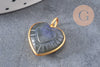 Pendentif coeur gravé pierre naturelle rose naturel argent 925 doré 18K 14mm, x1 (G10843)