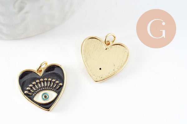 Pendentif coeur laiton doré 18K émail noir, création bijou mauvais oeil protecteur,18x19mm, x1 (G5017)