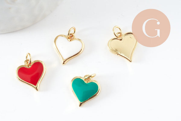 Pendentif coeur laiton doré 20K émaillé 14mm, x1 (G3570)