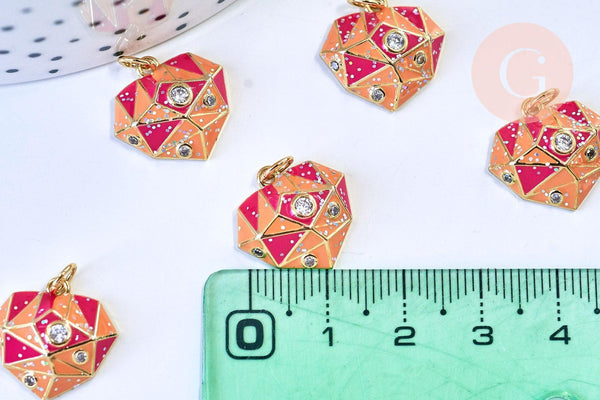 Pendentif coeur laiton doré émail rouge orange zircon, un pendentif à facette laiton coeur,sans nickel,16mm, x1 G5642