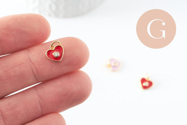 Pendentif coeur laiton doré émaillé et zircon 9x9mm ,pendentif doré,coeur doré, pendentif laiton doré, x1 (G3578)