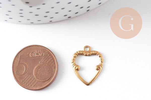 Pendentif cœur medaillon laiton brut, médaillon Vintage, fournitures laiton brut,19mm, x2 G3654