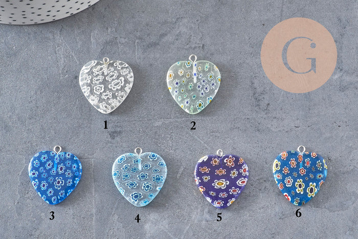 Pendentif cœur millefiori verre murano 27mm, x1 (G7143)