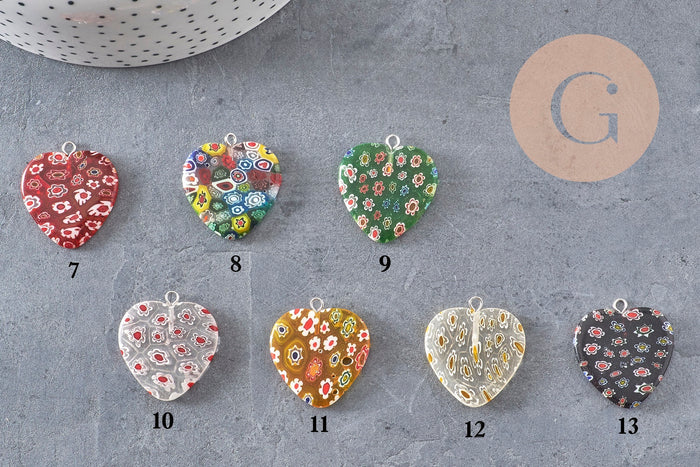 Pendentif cœur millefiori verre murano 27mm, x1 (G7143)
