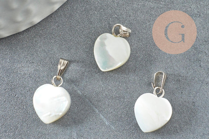Pendentif coeur nacre blanche naturelle laiton platine 12-13mm, x2 ou x5 (G3993)