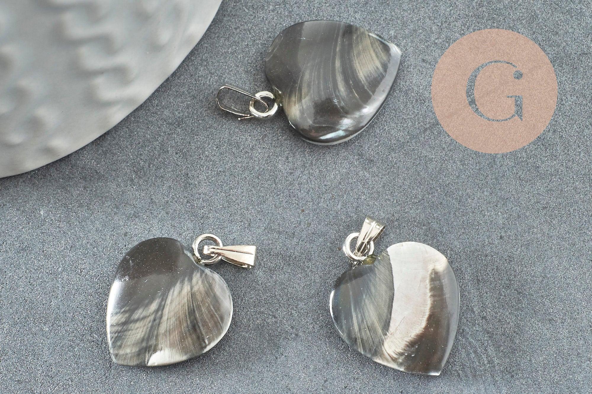 Pendentif coeur nacre noire naturelle platine 17-19mm, x1 (G3994)