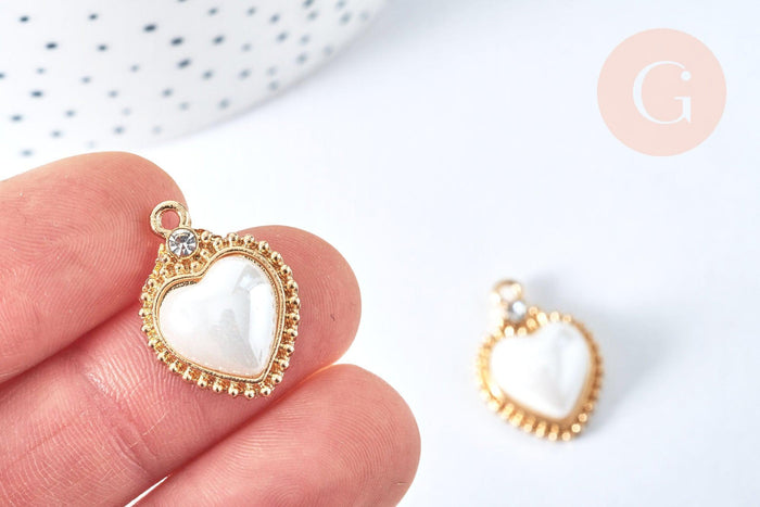 Pendentif cœur porcelaine strass blanc laiton doré 18K 23mm, perle porcelaine cœur pour fabrication bijoux, x1 G6973