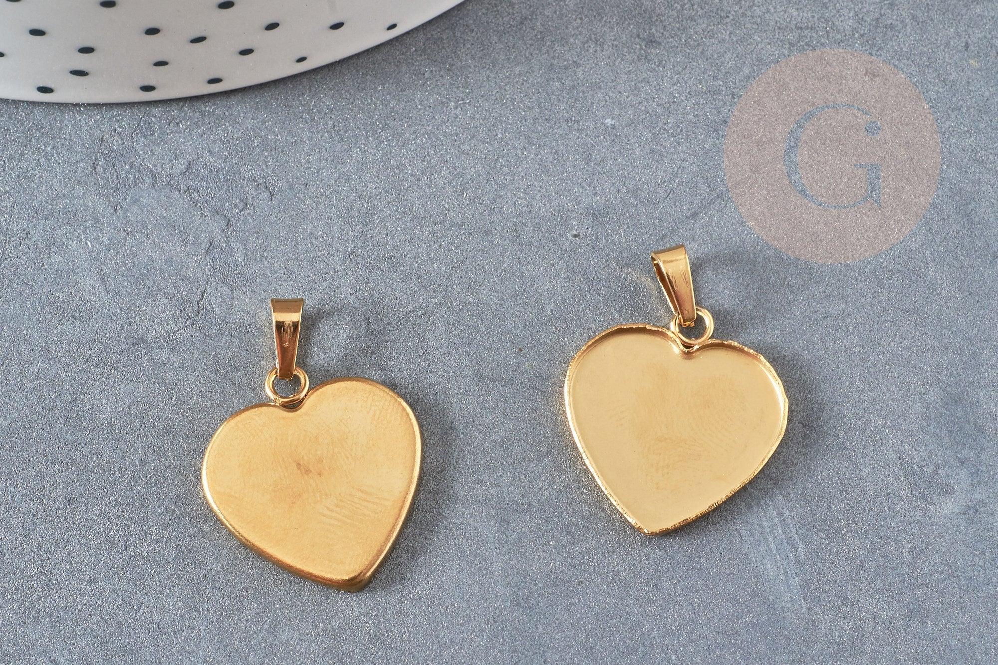 Pendentif coeur support cabochon acier inoxydable doré 21.5mm x1 (G4834)