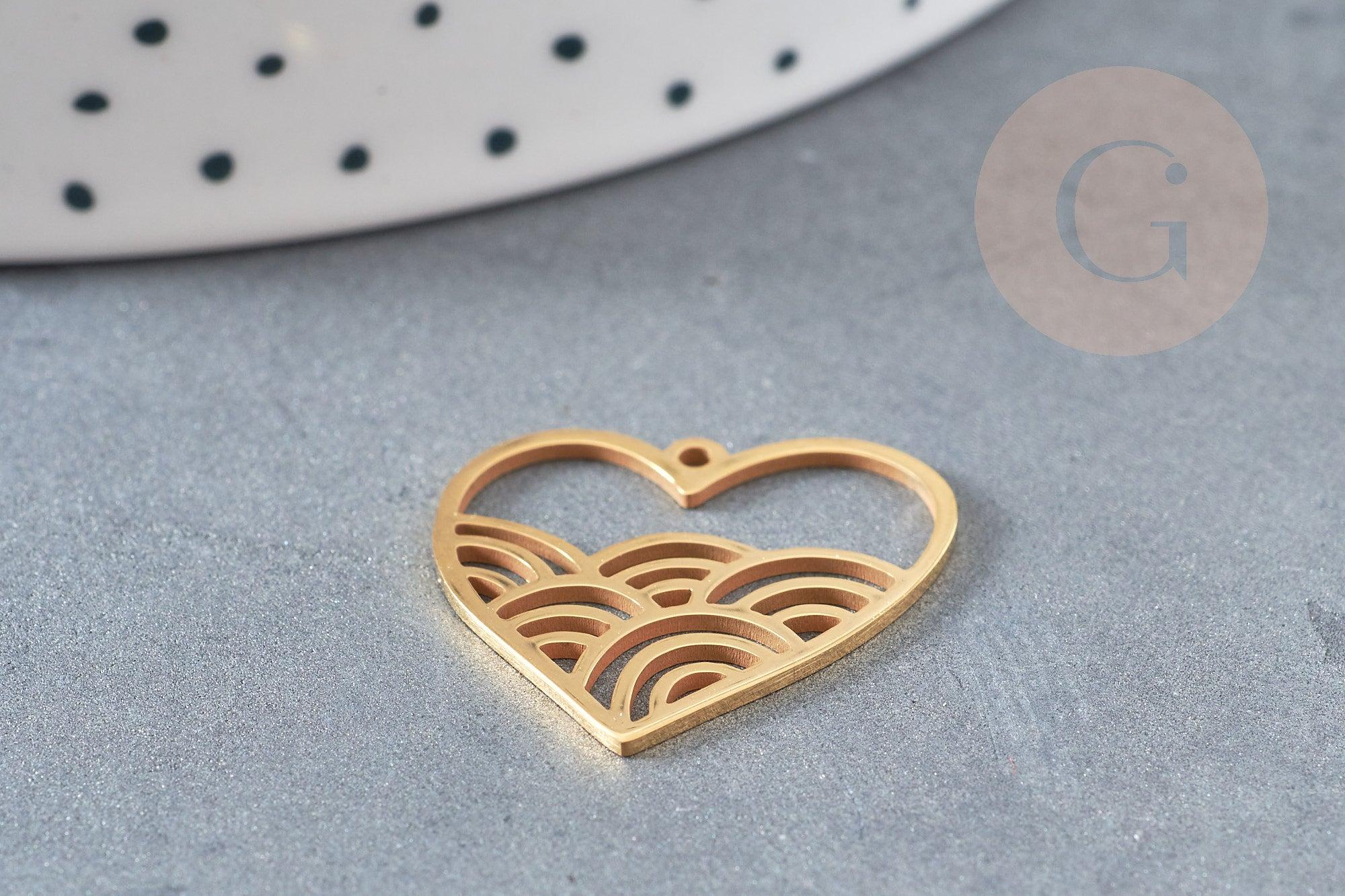 Pendentif coeur vagues acier 201 inoxydable doré 22.5mm, x1 (G6275)