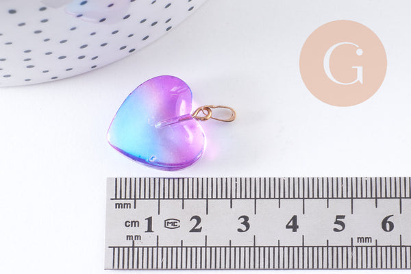 Pendentif coeur verre bleu rose transparent fer doré 22mm, x1 (G10622)