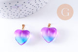 Pendentif coeur verre bleu rose transparent fer doré 22mm, x1 (G10622)