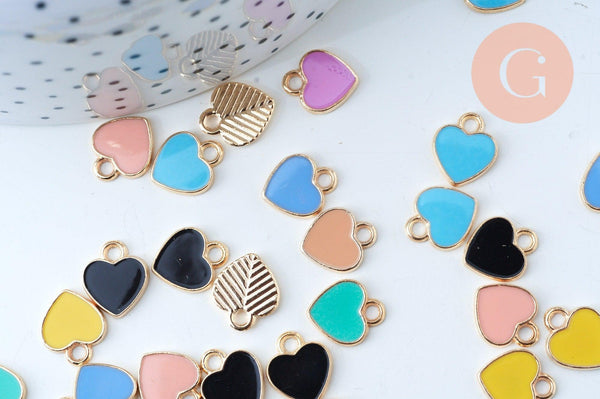 Pendentif coeur zamac doré émail multicolore 12mm,pendentif doré pour création de bijoux, x5 (G6103)
