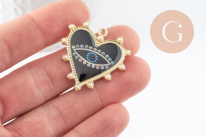 Pendentif coeur zamac doré émail noir 33mm, x1 (G4116)
