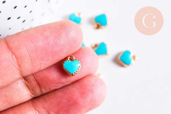 Pendentif cœur zamac doré émail turquoise 8mm,pendentif doré création de bijoux, pendentif cœur, x10 G7105