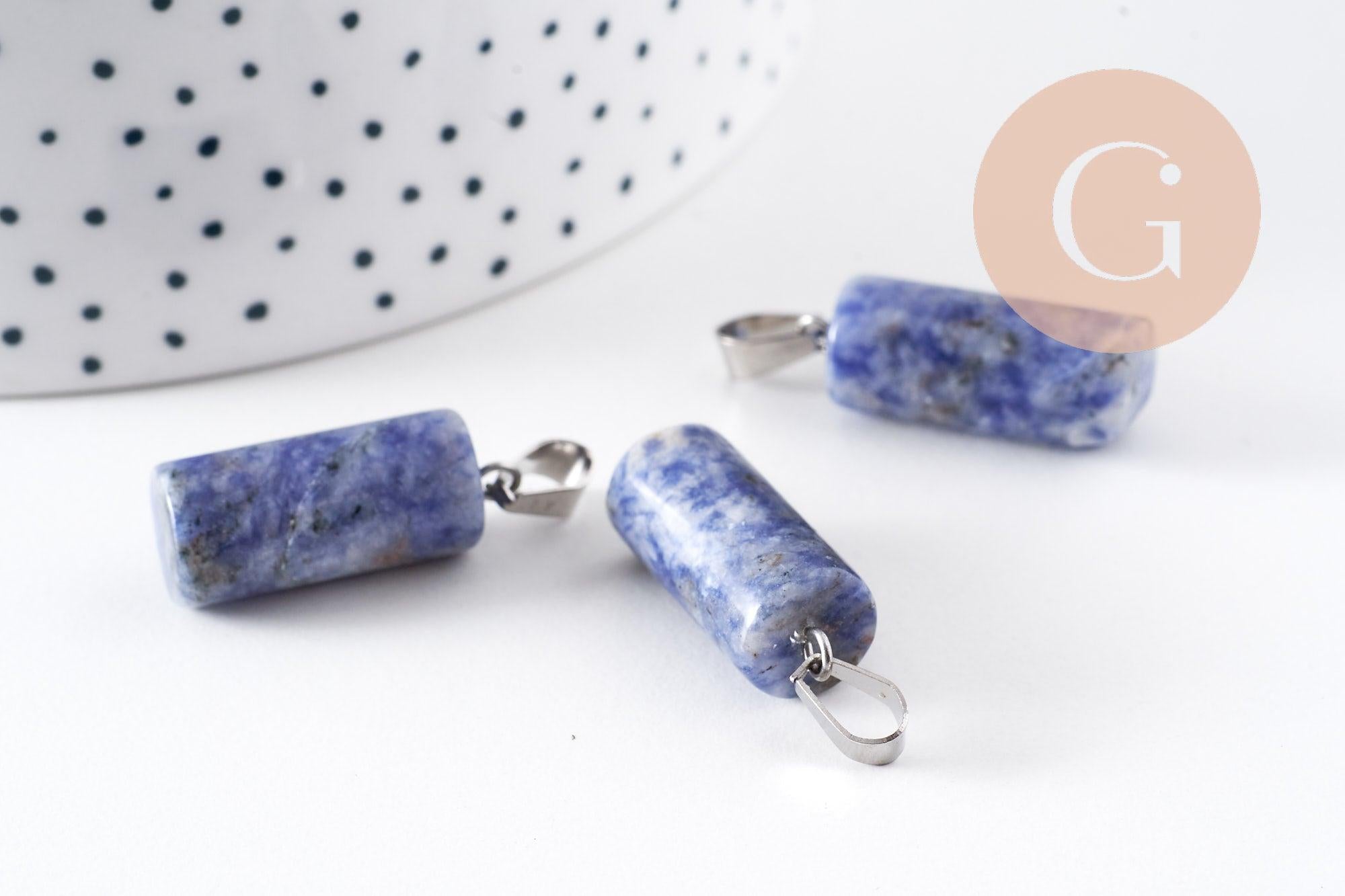 Pendentif colone jaspe bleu naturel acier inoxydable platine 25mm, x1 (G10075)