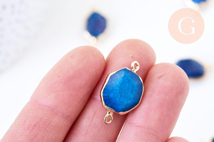 Pendentif connecteur agate naturelle bleu à facettes fer doré 25mm,x1 G5708