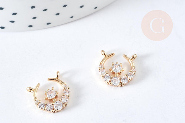 Pendentif connecteur croissant lune laiton doré zircons blancs 12mm,creation bijoux Lune, x1 (G8437)