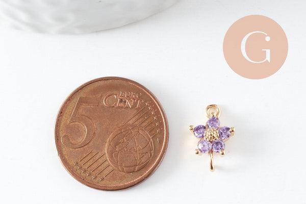 Pendentif connecteur fleur doré 24 carats zircon violet,pendentif doré cristal, 12.5mm, x1 (G4035)