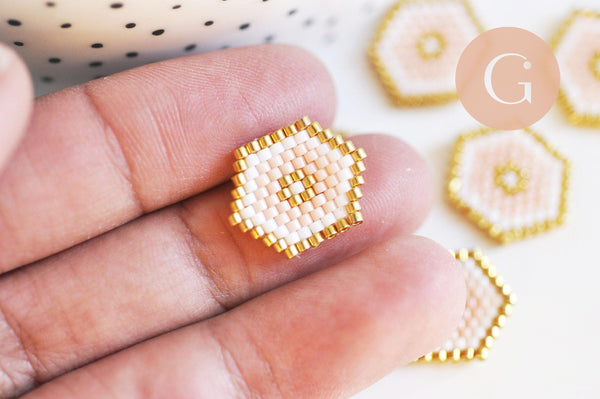 Pendentif connecteur hexagone rocaille MIYUKI TOHO rose blanc or 18x14mm,pendentif verre, x1 (G6251)