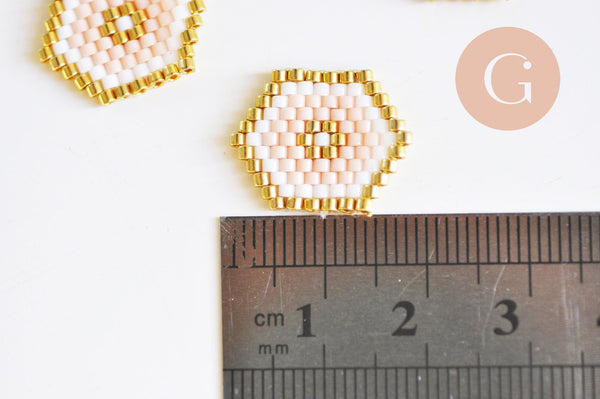 Pendentif connecteur hexagone rocaille MIYUKI TOHO rose blanc or 18x14mm,pendentif verre, x1 (G6251)