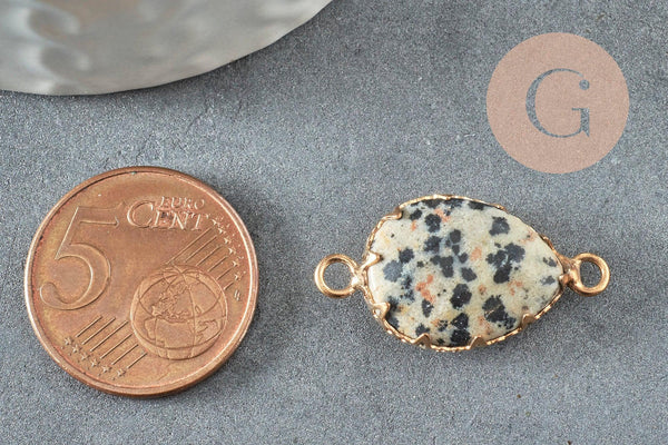 Pendentif connecteur jaspe dalmatien naturel laiton doré 27mm, x1 (G3795)