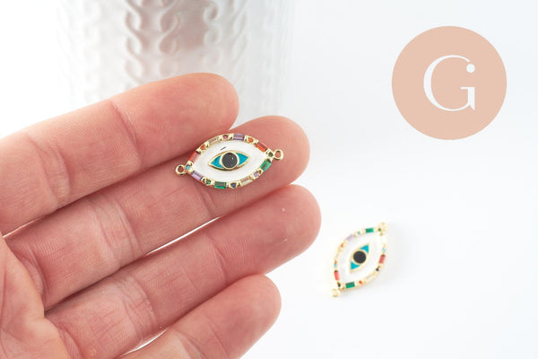 Pendentif connecteur oeil cristal zircon coloré,pendentif en laiton doré porte-bonheur contre mauvais oeil ,x 1 (G6395)