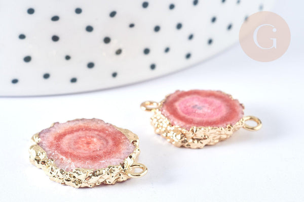 Pendentif connecteur plat rond quartz teinté rose laiton doré 24,5-33mm, pierre, x1 (G8042)