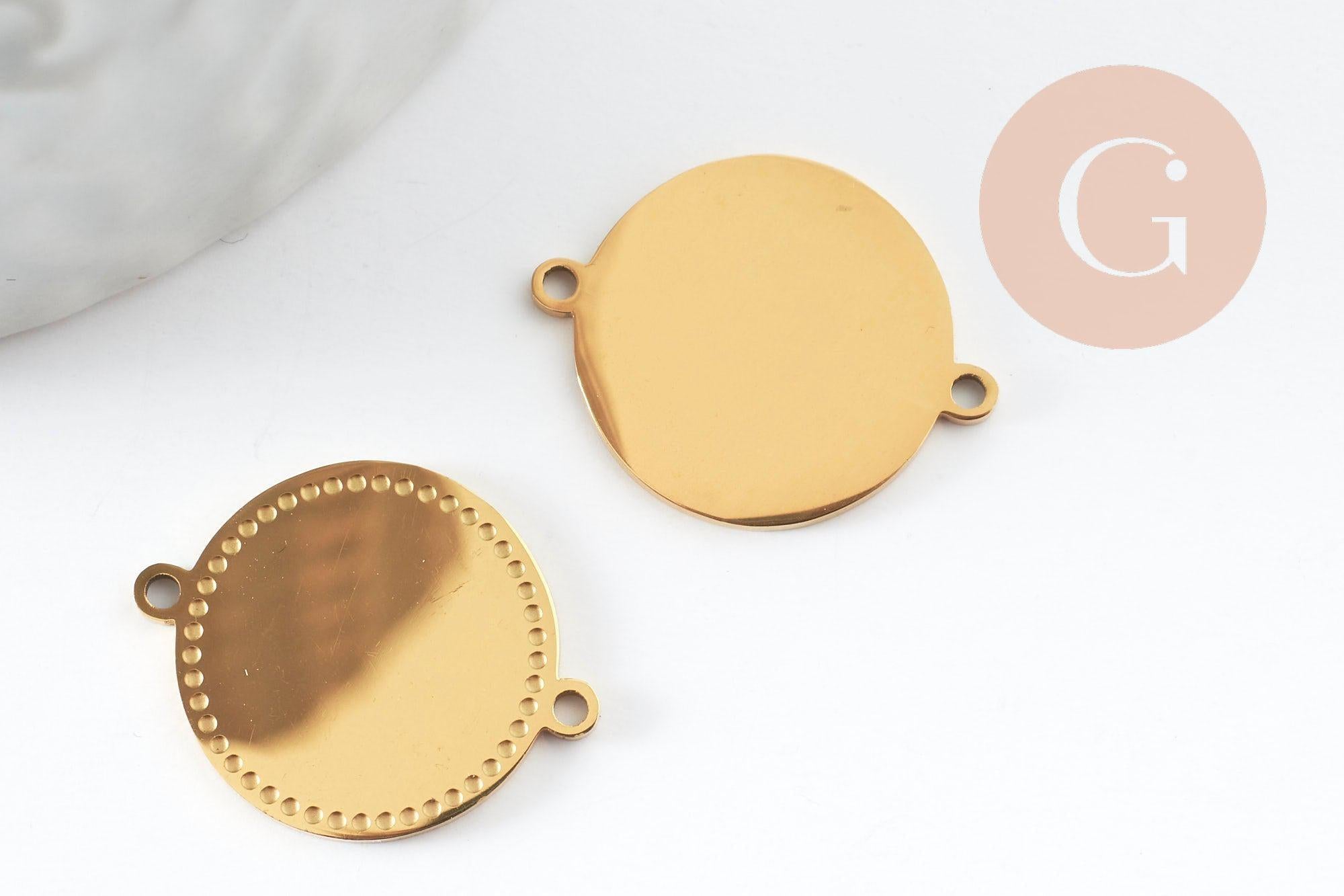 Pendentif connecteur rond acier 304 inoxydable doré motif pointillé 19mm, x1 (G10184)