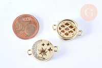 Pendentif connecteur rond étoiles laiton doré 18K zircon 24.5mm,pendentif doré avec cristaux pour création bijoux, x1 (G6646)