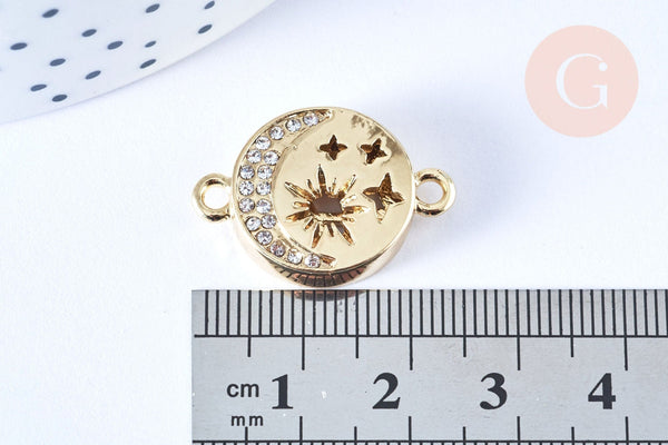 Pendentif connecteur rond étoiles laiton doré 18K zircon 24.5mm,pendentif doré avec cristaux pour création bijoux, x1 (G6646)