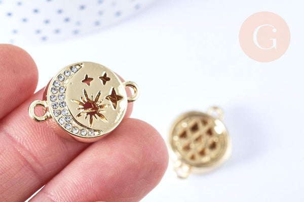 Pendentif connecteur rond étoiles laiton doré 18K zircon 24.5mm,pendentif doré avec cristaux pour création bijoux, x1 (G6646)