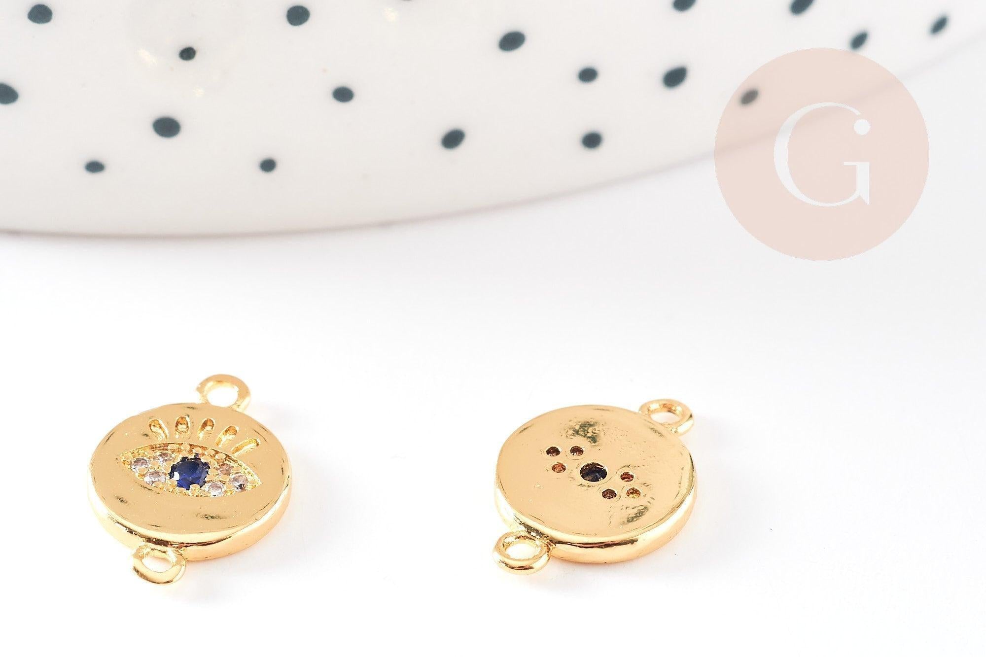 Pendentif connecteur rond oeil laiton doré 18K zircons,pendentif en laiton doré porte-bonheur contre mauvais oeil 10mm, x1 G4743