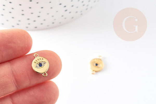Pendentif connecteur rond oeil laiton doré 18K zircons,pendentif en laiton doré porte-bonheur contre mauvais oeil 10mm, x1 G4743