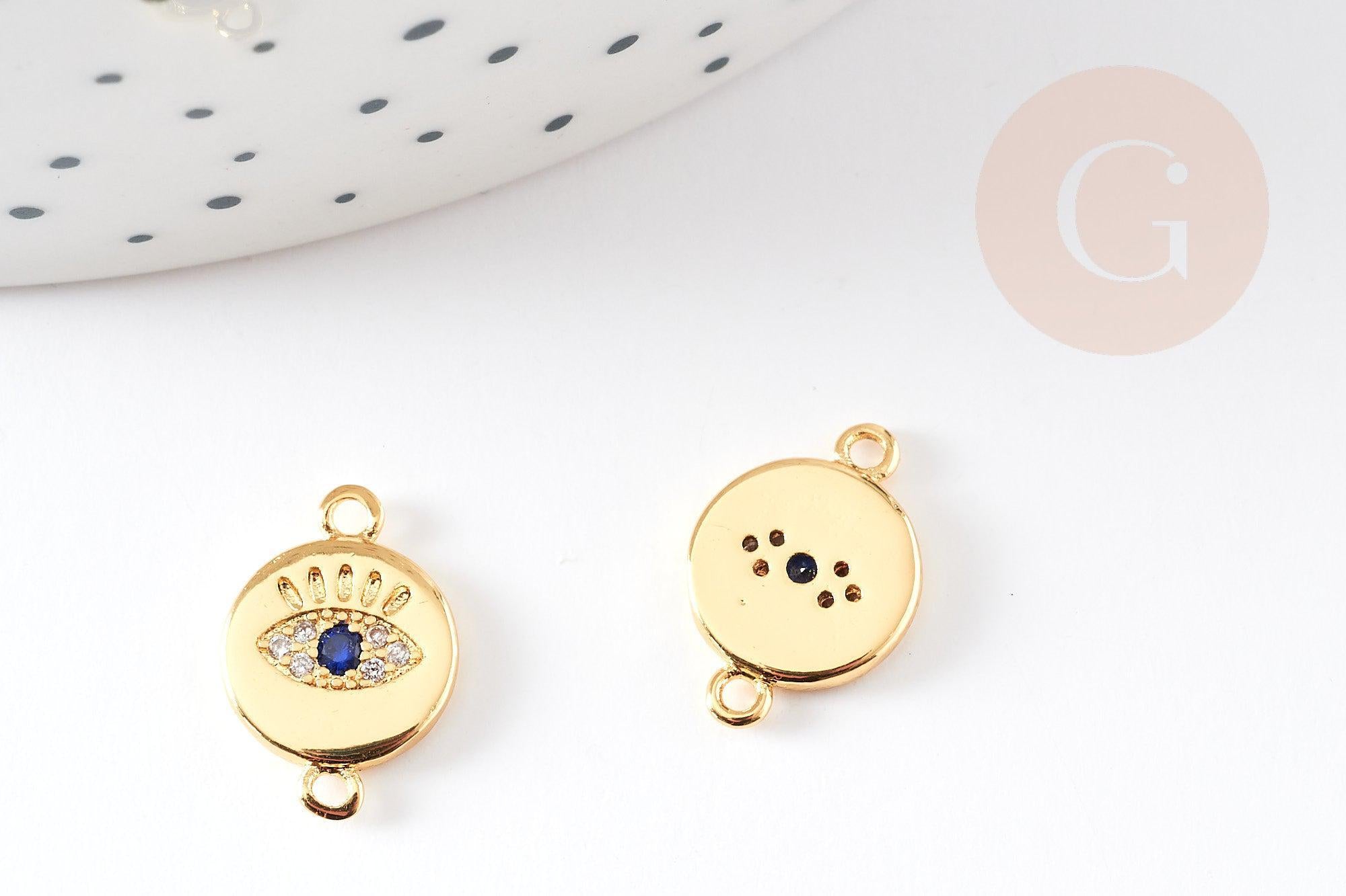 Pendentif connecteur rond oeil laiton doré 18K zircons,pendentif en laiton doré porte-bonheur contre mauvais oeil 10mm, x1 G4743