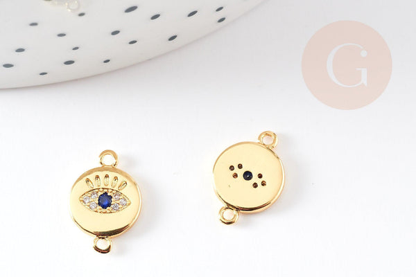 Pendentif connecteur rond oeil laiton doré 18K zircons,pendentif en laiton doré porte-bonheur contre mauvais oeil 10mm, x1 G4743