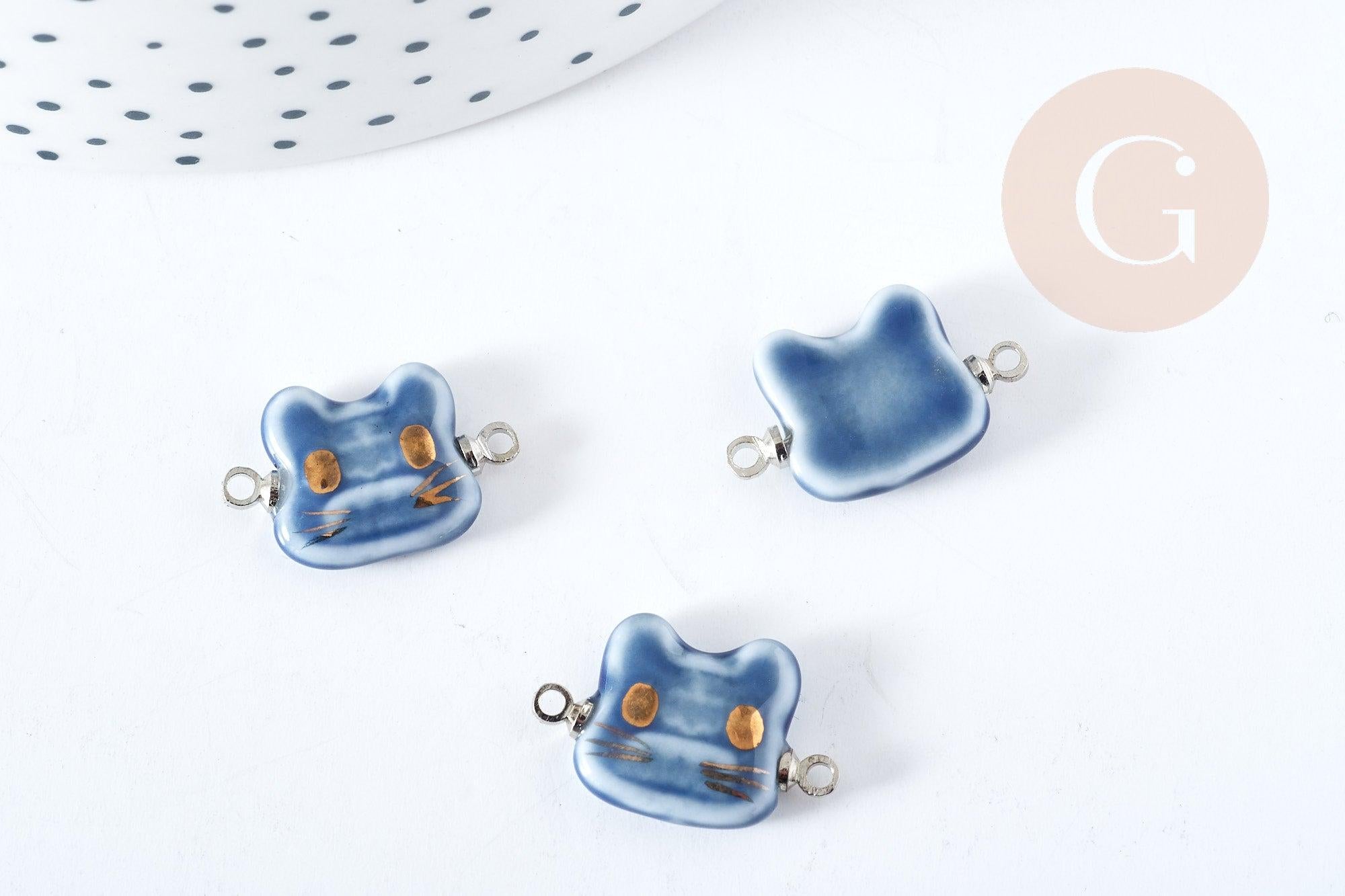Pendentif connecteur tête de chat porcelaine bleu doré laiton platine 20mm, pendentif pour fabrication bijoux, x1 (G8496)