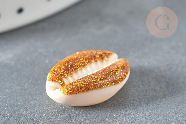 Pendentif coquillage cauri naturel résine et paillettes or 17-22mm, x5 (G7352)