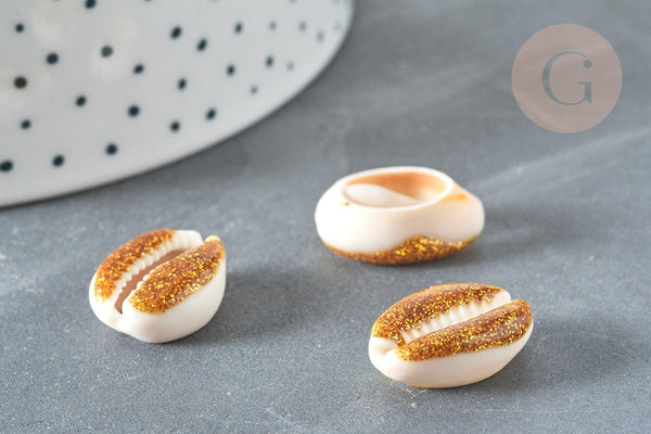 Pendentif coquillage cauri naturel résine et paillettes or 17-22mm, x5 (G7352)