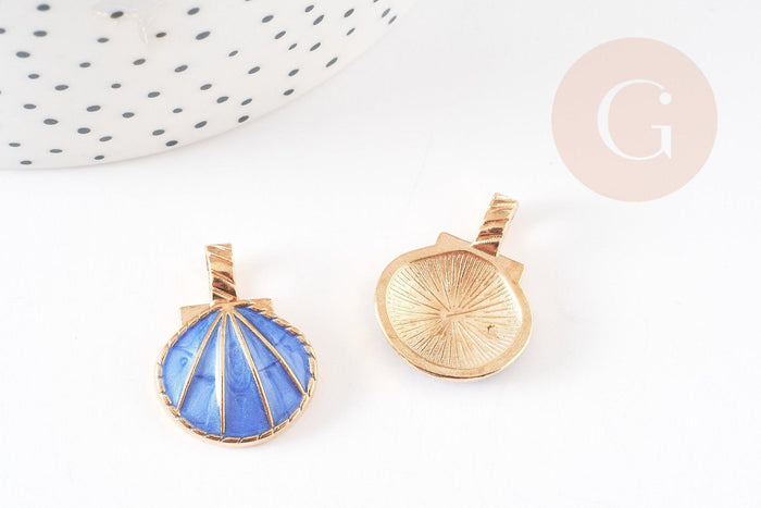 Pendentif coquillage doré bleu 24.5mm, pendentif coquillage pour création bijoux x 2 (G5793)