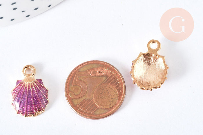 Pendentif coquillage émail violet zamac doré 19mm, x2 G7100