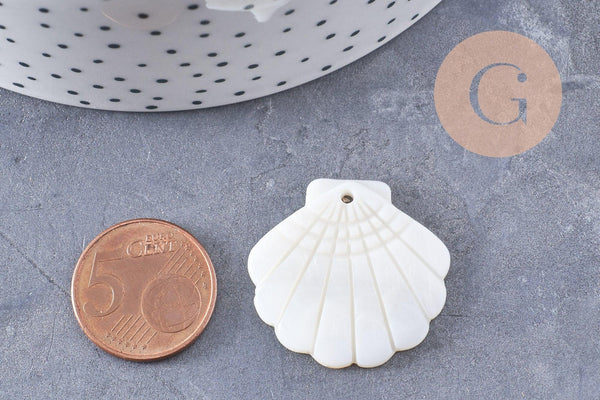 Pendentif coquillage nacre blanche naturelle 29mm, x2 (G10089)