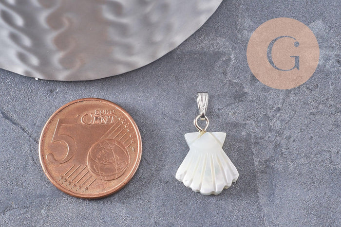 Pendentif coquillage nacre blanche naturelle laiton platine 18mm, création bijoux coquillage blanc, x1 (G9915)