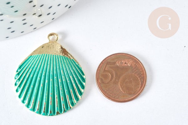Pendentif coquillage zamac doré bleu turquoise 35,5mm, thème plage vacances, x1 G7438