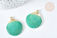 Pendentif coquillage zamac doré bleu turquoise 35,5mm, thème plage vacances, x1 G7438