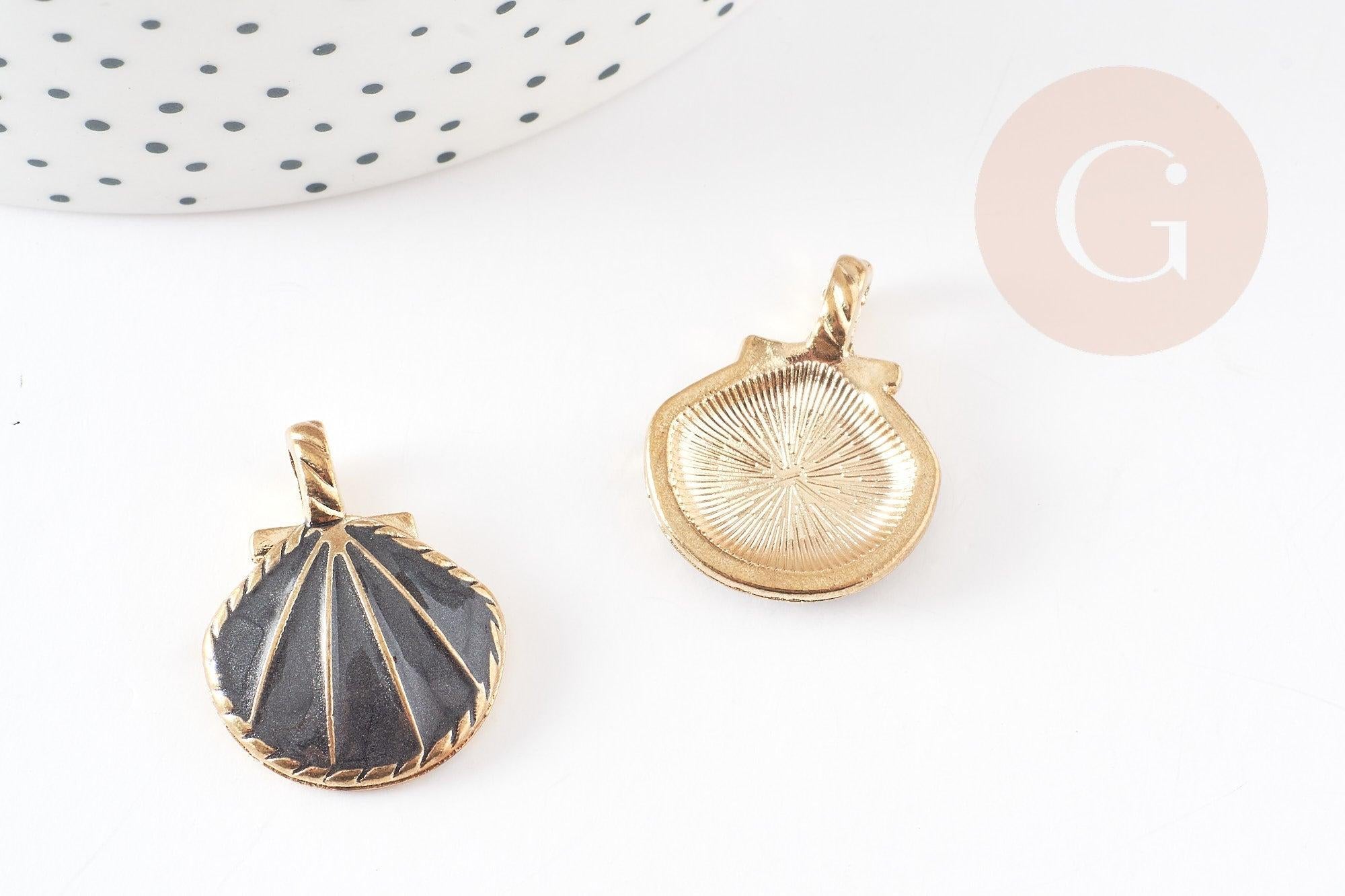 Pendentif coquillage zamac doré noir 24.5mm, pendentif coquillage pour création bijoux x2 G2737
