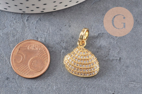 Pendentif coquillage zircons blancs laiton doré 20mm, x1 (G9829)