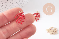 Pendentif corail émail rouge zamac doré 21.5mm, x2 (G10474)