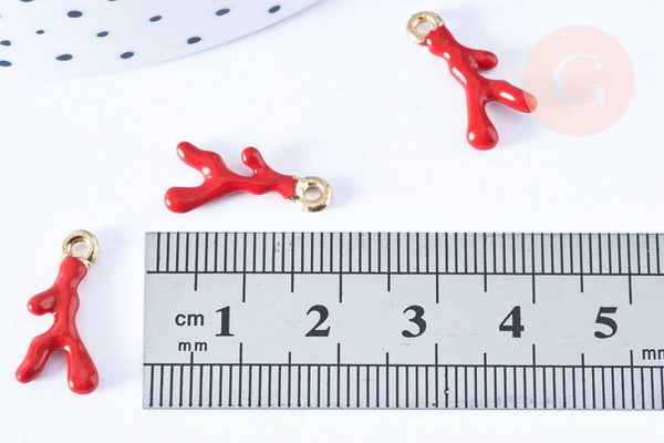 Pendentif corail émaillé rouge zamac doré 20mm x2 (G7512)